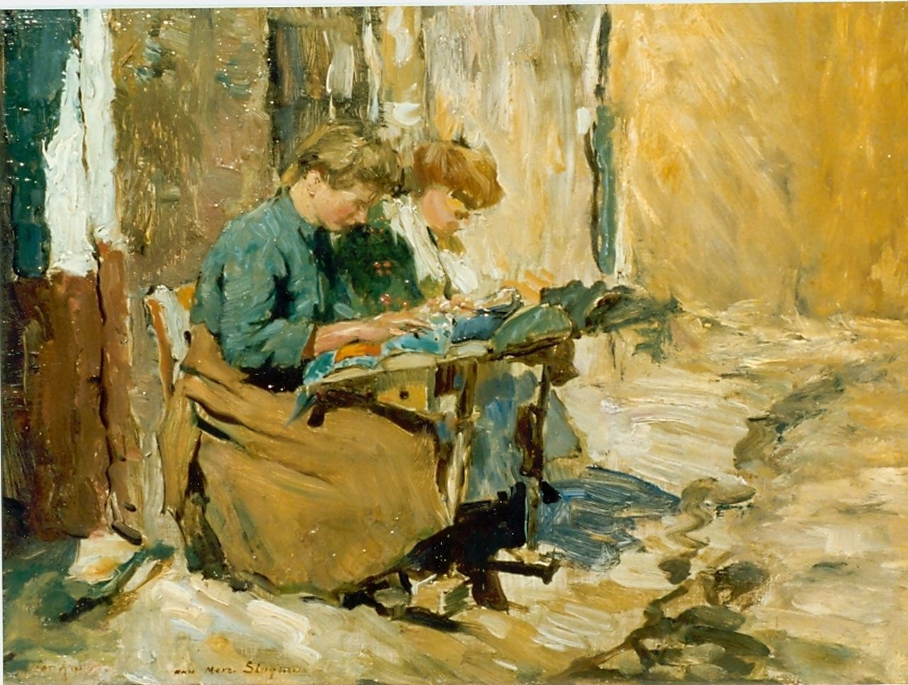 Anrooy J.A.M. van | 'Jan' Adriaan Marie van Anrooy, Kantklossende dames 'Dentellieres', olieverf op paneel 26,0 x 35,5 cm, gesigneerd linksonder Anrooy J.A.M. van | 'Jan' Adriaan Marie van Anrooy, Kantklossende dames 'Dentellieres', olieverf op paneel 26,0 x 35,5 cm, gesigneerd linksonder