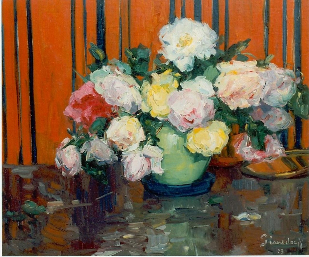 Glansdorff H.  | Hubert Glansdorff, Gemengd boeket rozen, olieverf op doek 55,0 x 64,2 cm, gesigneerd rechtsonder en gedateerd '23