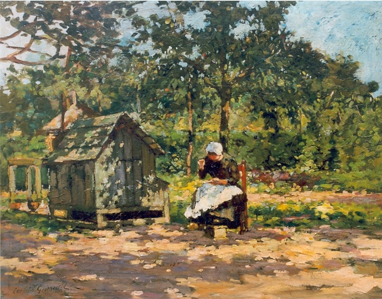 Groeneveld C.  | Cornelis Groeneveld, Het naaiwerk, olieverf op paneel 30,2 x 40,5 cm, gesigneerd linksonder