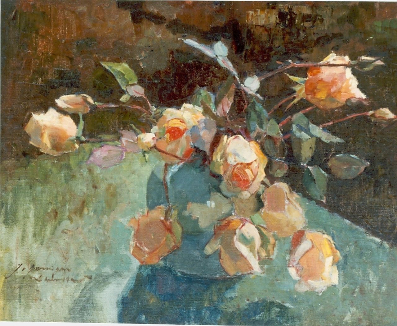 Groningen-Laurillard J.A.G. van | 'Jacoba' Adriana Geertruida van Groningen-Laurillard, Bloemstilleven van gele rozen, olieverf op doek op paneel 39,5 x 50,0 cm, gesigneerd linksonder Groningen-Laurillard J.A.G. van | 'Jacoba' Adriana Geertruida van Groningen-Laurillard, Bloemstilleven van gele rozen, olieverf op doek op paneel 39,5 x 50,0 cm, gesigneerd linksonder