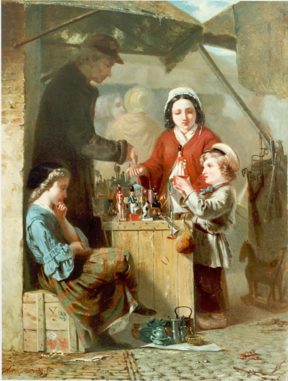 Hoevenaar J.  | Jozef Hoevenaar, De speelgoedverkoper, olieverf op paneel 40,0 x 31,6 cm, gesigneerd linksonder