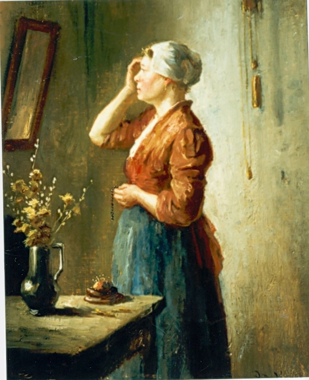 Hoog J.B. de | Johan 'Bernard' de Hoog, 'n Overpeinzing voor de spiegel, olieverf op doek 27,8 x 22,8 cm Hoog J.B. de | Johan 'Bernard' de Hoog, 'n Overpeinzing voor de spiegel, olieverf op doek 27,8 x 22,8 cm
