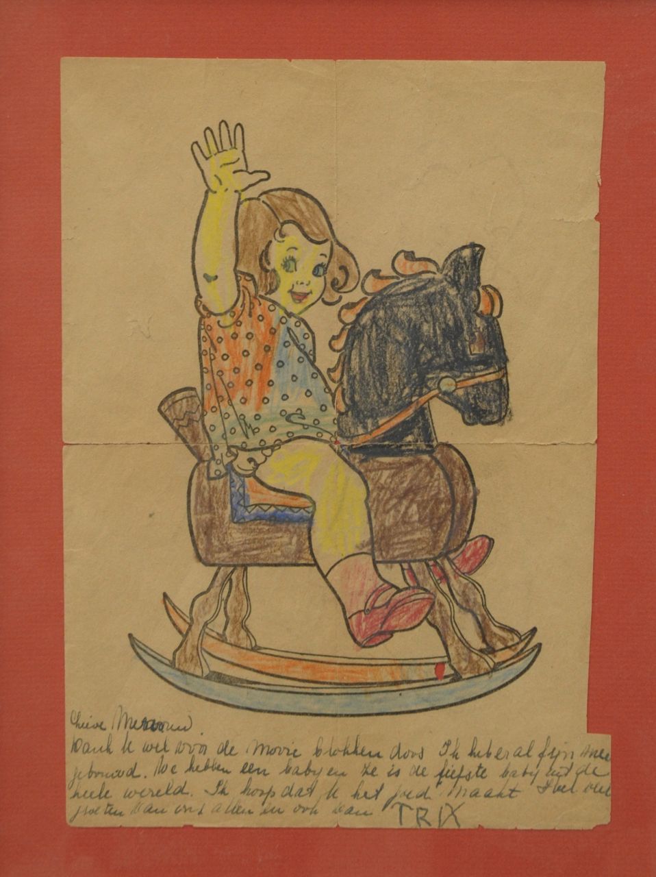 Oranje-Nassau (Prinses Beatrix) B.W.A. van | Beatrix Wilhelmina Armgard van Oranje-Nassau (Prinses Beatrix), Meisje op hobbelpaard, kleurpotlood op papier 27,7 x 19,7 cm, gesigneerd rechtsonder Oranje-Nassau (Prinses Beatrix) B.W.A. van | Beatrix Wilhelmina Armgard van Oranje-Nassau (Prinses Beatrix), Meisje op hobbelpaard, kleurpotlood op papier 27,7 x 19,7 cm, gesigneerd rechtsonder