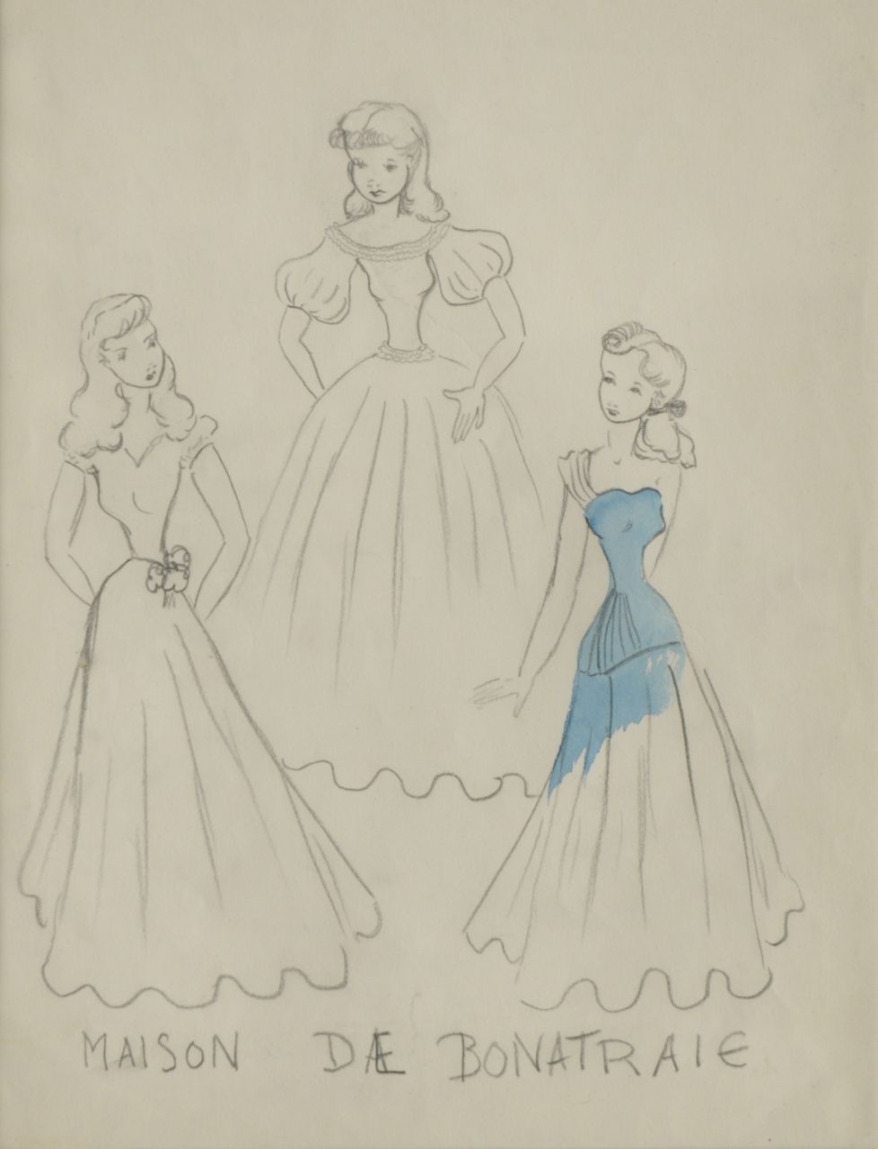 Oranje-Nassau (Prinses Beatrix) B.W.A. van | Beatrix Wilhelmina Armgard van Oranje-Nassau (Prinses Beatrix), Mannequins bij de Bonneterie, potlood en blauwe inkt op papier 30,0 x 23,0 cm Oranje-Nassau (Prinses Beatrix) B.W.A. van | Beatrix Wilhelmina Armgard van Oranje-Nassau (Prinses Beatrix), Mannequins bij de Bonneterie, potlood en blauwe inkt op papier 30,0 x 23,0 cm