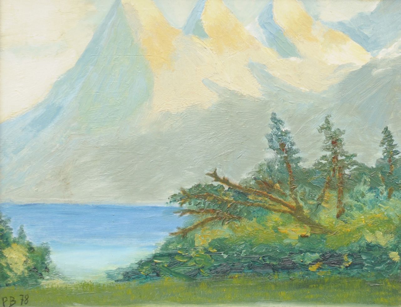 Lippe-Biesterfeld 'Prins Bernhard' B.L.F.E.J.C.K.G.P. van | Bernhard van Lippe-Biesterfeld 'Prins Bernhard', Landschap met bergmeer, olieverf op schildersboard 25,5 x 37,5 cm, gesigneerd met mon. P.B. linksonder en gedateerd '78 Lippe-Biesterfeld 'Prins Bernhard' B.L.F.E.J.C.K.G.P. van | Bernhard van Lippe-Biesterfeld 'Prins Bernhard', Landschap met bergmeer, olieverf op schildersboard 25,5 x 37,5 cm, gesigneerd met mon. P.B. linksonder en gedateerd '78