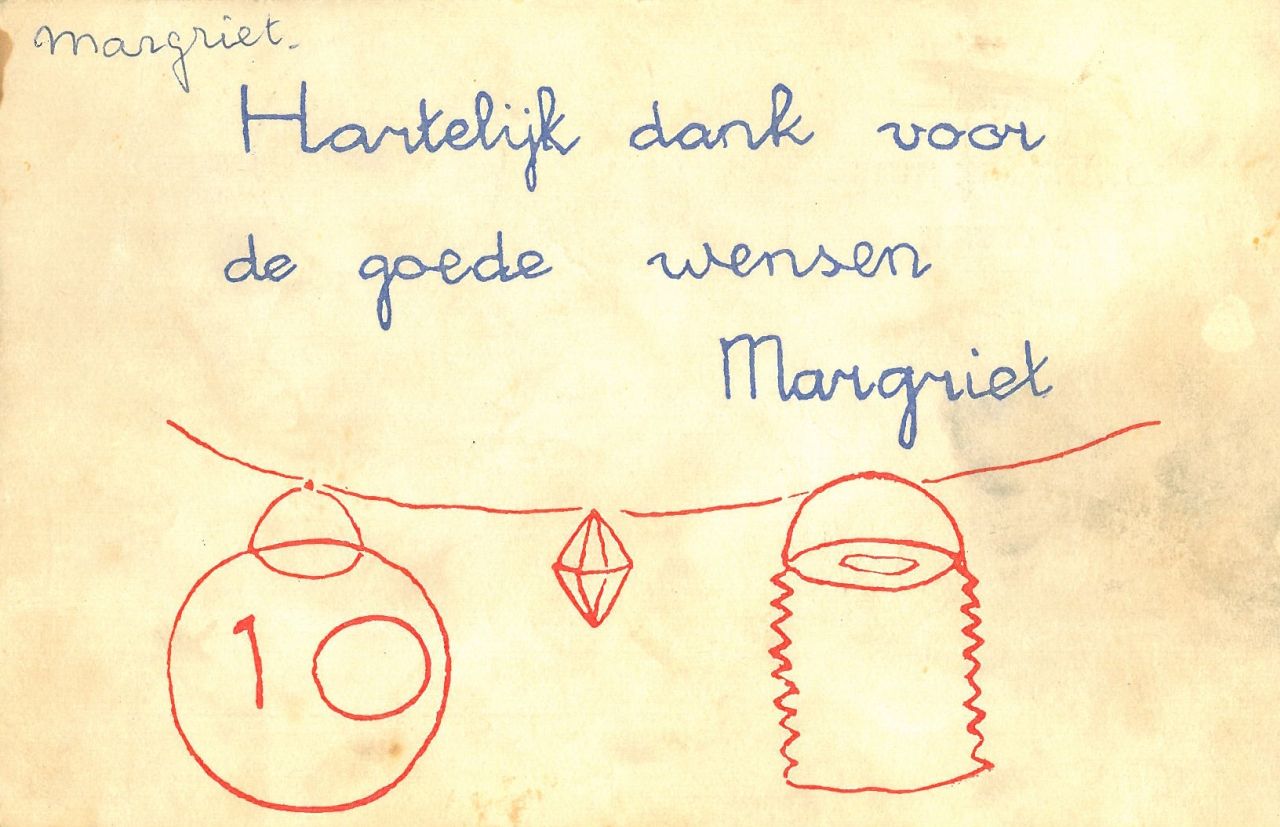 Oranje-Nassau (Prinses Margriet) M.F. van | Margriet Francisca van Oranje-Nassau (Prinses Margriet), Lampionnen aan een lijn, rode en blauwe inkt op papier (ansichtkaart) 9,0 x 14,0 cm, gesigneerd in het midden Oranje-Nassau (Prinses Margriet) M.F. van | Margriet Francisca van Oranje-Nassau (Prinses Margriet), Lampionnen aan een lijn, rode en blauwe inkt op papier (ansichtkaart) 9,0 x 14,0 cm, gesigneerd in het midden
