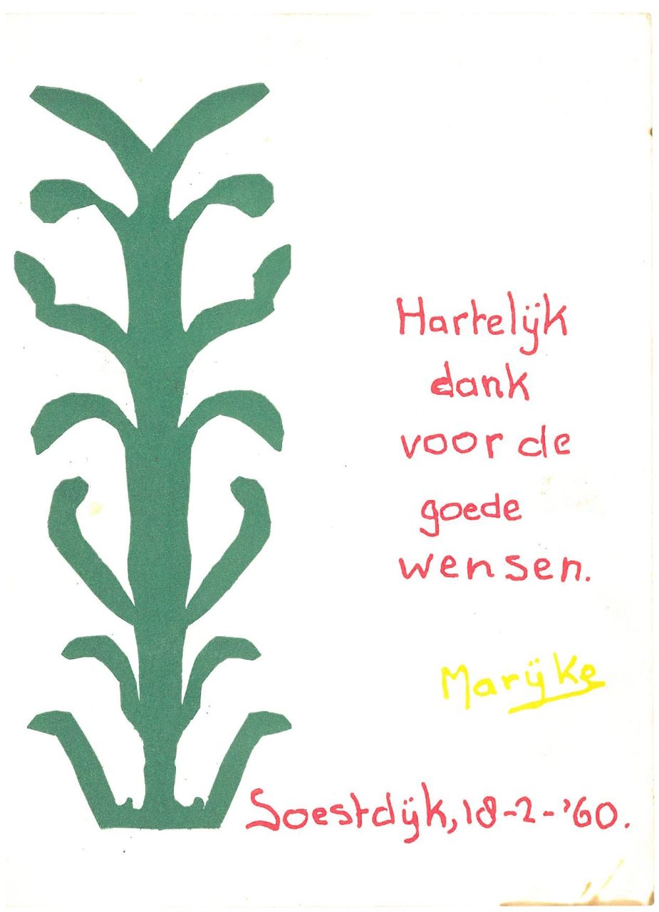 Oranje-Nassau (Prinses Christina) M.C. van | Maria 'Christina' van Oranje-Nassau (Prinses Christina), Groene plant, groene, rode en gele inkt op papier (ansichtkaart) 14,5 x 10,5 cm, 'Soestdijk, 18-2-'60' Oranje-Nassau (Prinses Christina) M.C. van | Maria 'Christina' van Oranje-Nassau (Prinses Christina), Groene plant, groene, rode en gele inkt op papier (ansichtkaart) 14,5 x 10,5 cm, 'Soestdijk, 18-2-'60'
