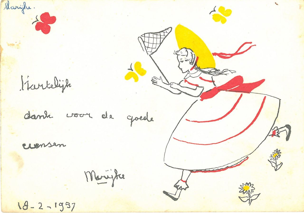 Oranje-Nassau (Prinses Christina) M.C. van | Maria 'Christina' van Oranje-Nassau (Prinses Christina), Vlindervangster, zwarte, gele en rode inkt op papier (ansichtkaart) 10,5 x 14,9 cm, gesigneerd middenonder en gedateerd 19-2-1957 Oranje-Nassau (Prinses Christina) M.C. van | Maria 'Christina' van Oranje-Nassau (Prinses Christina), Vlindervangster, zwarte, gele en rode inkt op papier (ansichtkaart) 10,5 x 14,9 cm, gesigneerd middenonder en gedateerd 19-2-1957