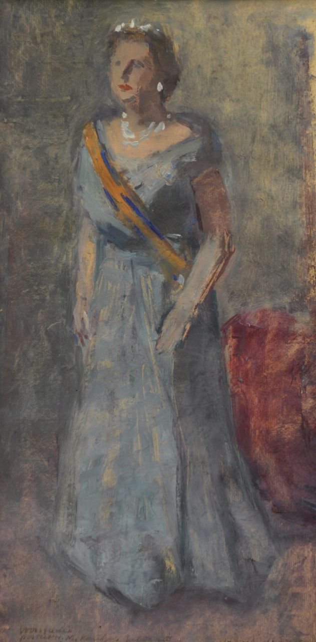 Kat O.B. de | 'Otto' Boudewijn de Kat, Voorstudie voor portret van koningin Juliana, olieverf op papier 43,5 x 21,7 cm, gesigneerd rechtsonder