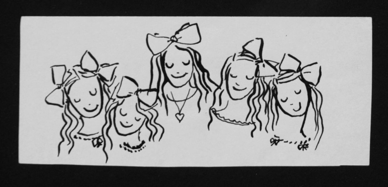 Oranje-Nassau (Prinses Beatrix) B.W.A. van | Beatrix Wilhelmina Armgard van Oranje-Nassau (Prinses Beatrix), Vijf meisjes, potlood en Oost-Indische inkt op papier 6,0 x 14,0 cm, te dateren augustus 1960 Oranje-Nassau (Prinses Beatrix) B.W.A. van | Beatrix Wilhelmina Armgard van Oranje-Nassau (Prinses Beatrix), Vijf meisjes, potlood en Oost-Indische inkt op papier 6,0 x 14,0 cm, te dateren augustus 1960