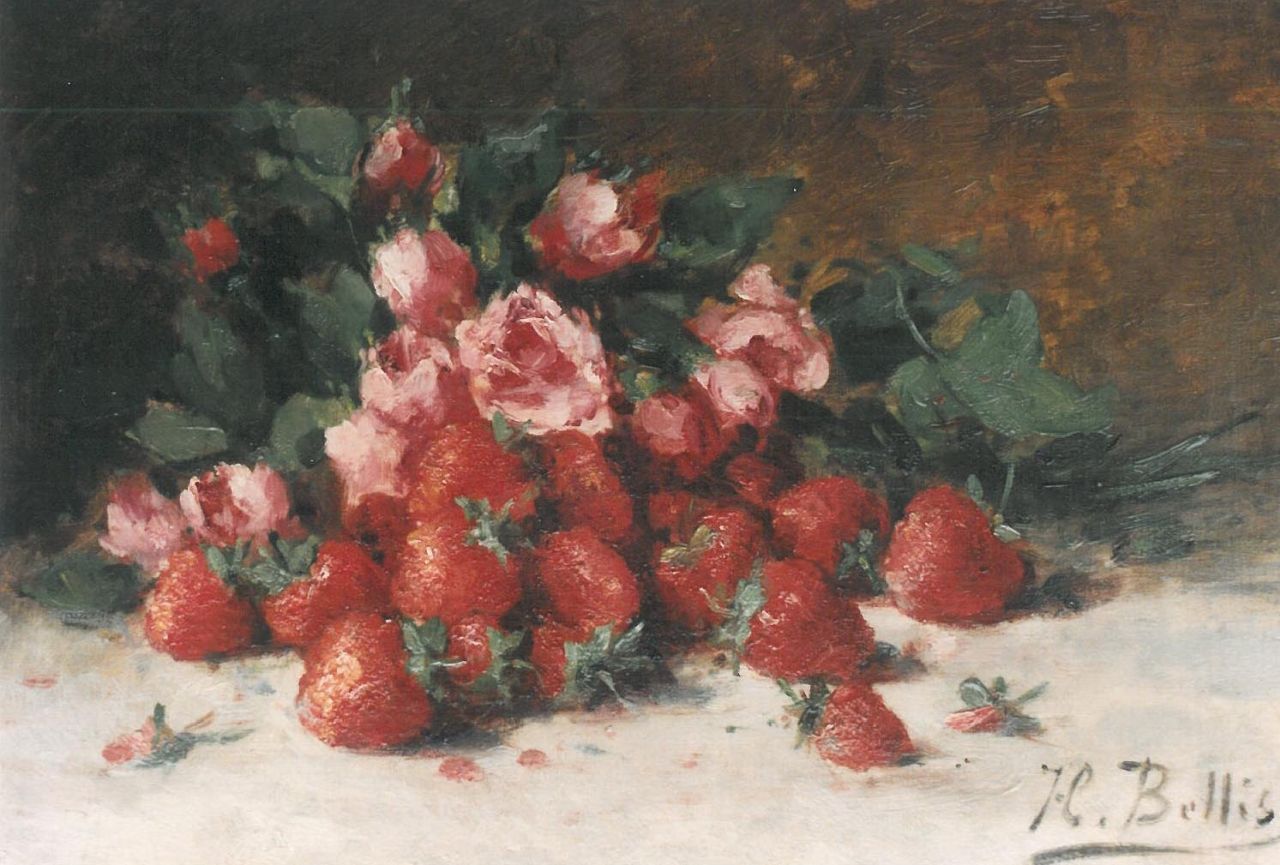 Bellis J.L. | Josse-Lambert 'Hubert' Bellis, Stilleven van rozen en aardbeien, olieverf op doek 31,5 x 45,0 cm, gesigneerd rechtsonder Bellis J.L. | Josse-Lambert 'Hubert' Bellis, Stilleven van rozen en aardbeien, olieverf op doek 31,5 x 45,0 cm, gesigneerd rechtsonder