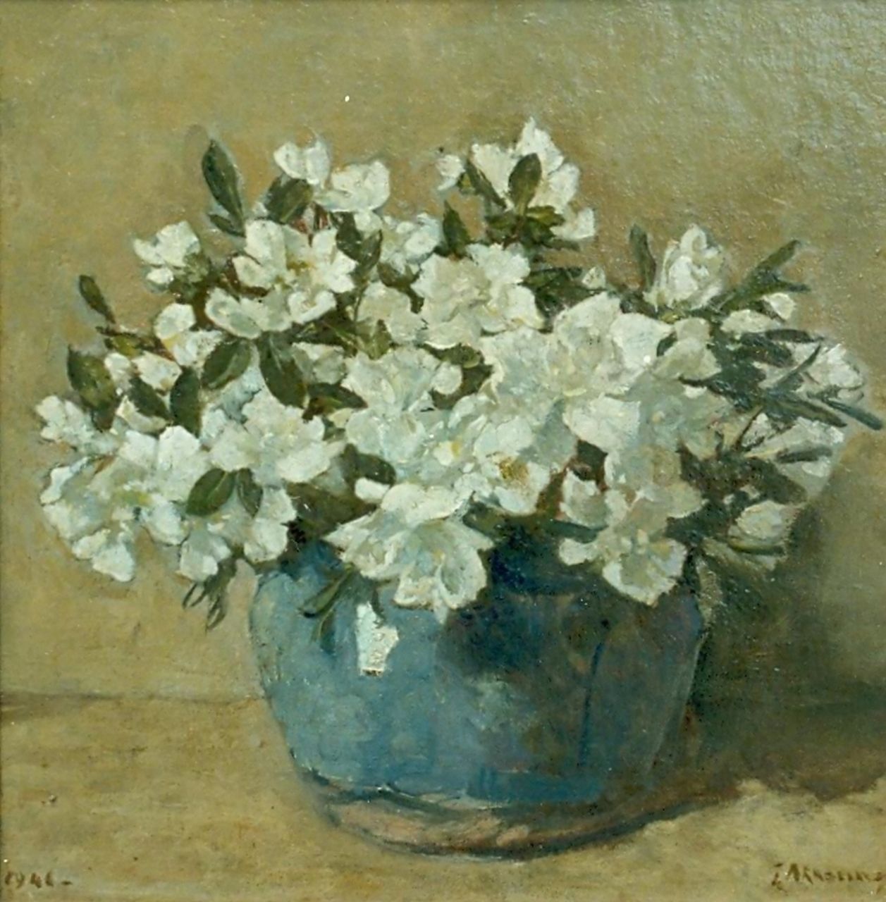 Akkeringa J.E.H. | 'Johannes Evert' Hendrik Akkeringa, Witte azaleatakjes in gemberpot, olieverf op doek op paneel 29,0 x 29,0 cm, gesigneerd rechtsonder en gedateerd 1941 Akkeringa J.E.H. | 'Johannes Evert' Hendrik Akkeringa, Witte azaleatakjes in gemberpot, olieverf op doek op paneel 29,0 x 29,0 cm, gesigneerd rechtsonder en gedateerd 1941