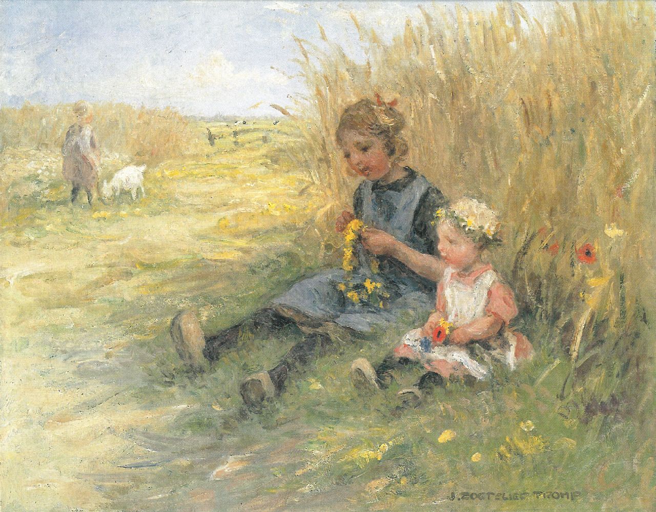 Zoetelief Tromp J. | Johannes 'Jan' Zoetelief Tromp, Bloemenkrans vlechten in het korenveld, olieverf op doek 40,5 x 50,5 cm, gesigneerd rechtsonder Zoetelief Tromp J. | Johannes 'Jan' Zoetelief Tromp, Bloemenkrans vlechten in het korenveld, olieverf op doek 40,5 x 50,5 cm, gesigneerd rechtsonder
