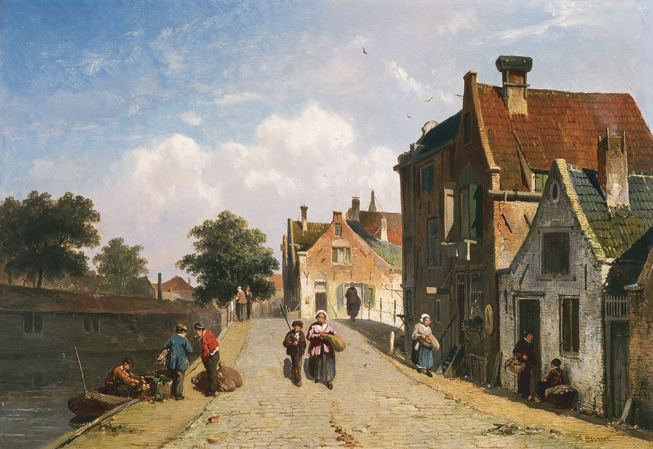 Eversen A. | Adrianus Eversen, Zonnig dorpskade met wandelaars, olieverf op paneel 25,0 x 36,2 cm, gesigneerd rechtsonder Eversen A. | Adrianus Eversen, Zonnig dorpskade met wandelaars, olieverf op paneel 25,0 x 36,2 cm, gesigneerd rechtsonder