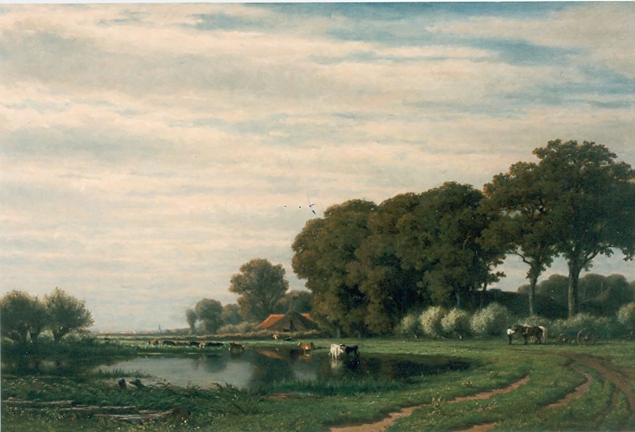Everdingen A. van | Adrianus van Everdingen, Panoramisch weidelandschap, olieverf op doek 76,7 x 115,0 cm, gesigneerd linksonder en gedateerd 1865 Everdingen A. van | Adrianus van Everdingen, Panoramisch weidelandschap, olieverf op doek 76,7 x 115,0 cm, gesigneerd linksonder en gedateerd 1865