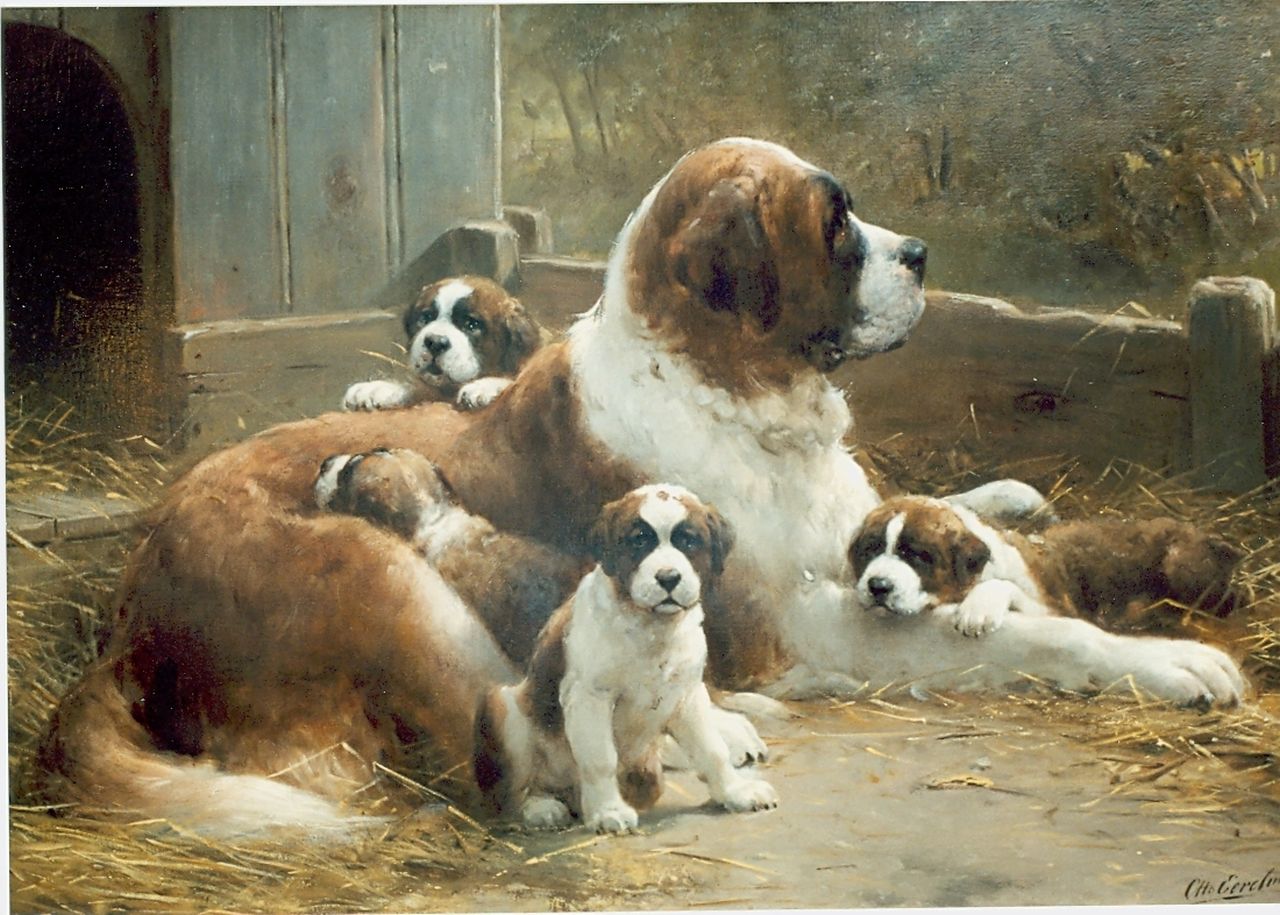 Eerelman O. | Otto Eerelman, St.Bernard met haar puppies, olieverf op doek 90,0 x 130,0 cm, gesigneerd rechtsonder Eerelman O. | Otto Eerelman, St.Bernard met haar puppies, olieverf op doek 90,0 x 130,0 cm, gesigneerd rechtsonder