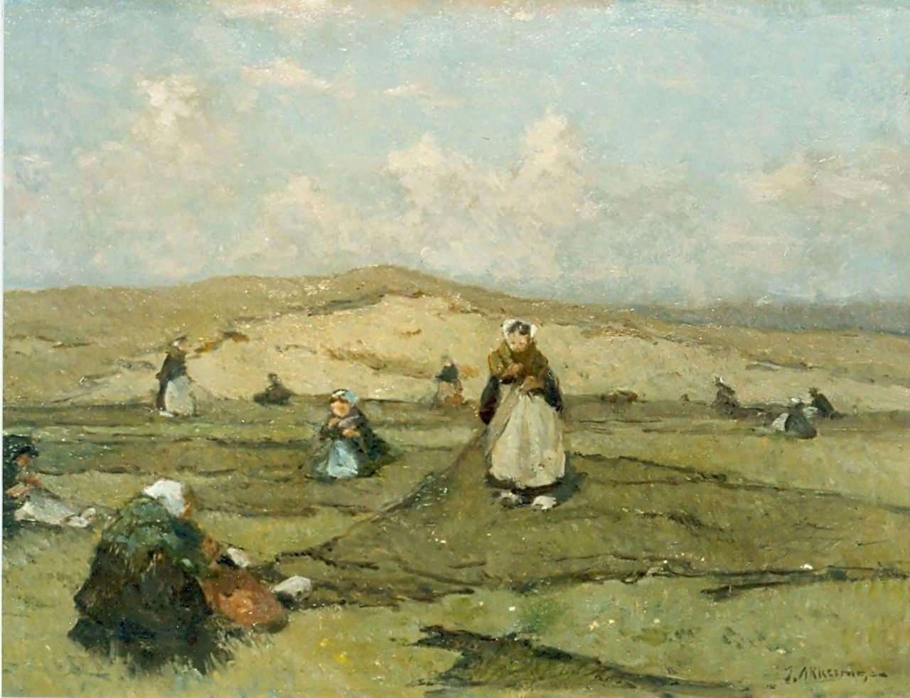 Akkeringa J.E.H. | 'Johannes Evert' Hendrik Akkeringa, Nettenboetsters in de duinen, olieverf op doek 33,0 x 45,0 cm, gesigneerd rechtsonder Akkeringa J.E.H. | 'Johannes Evert' Hendrik Akkeringa, Nettenboetsters in de duinen, olieverf op doek 33,0 x 45,0 cm, gesigneerd rechtsonder
