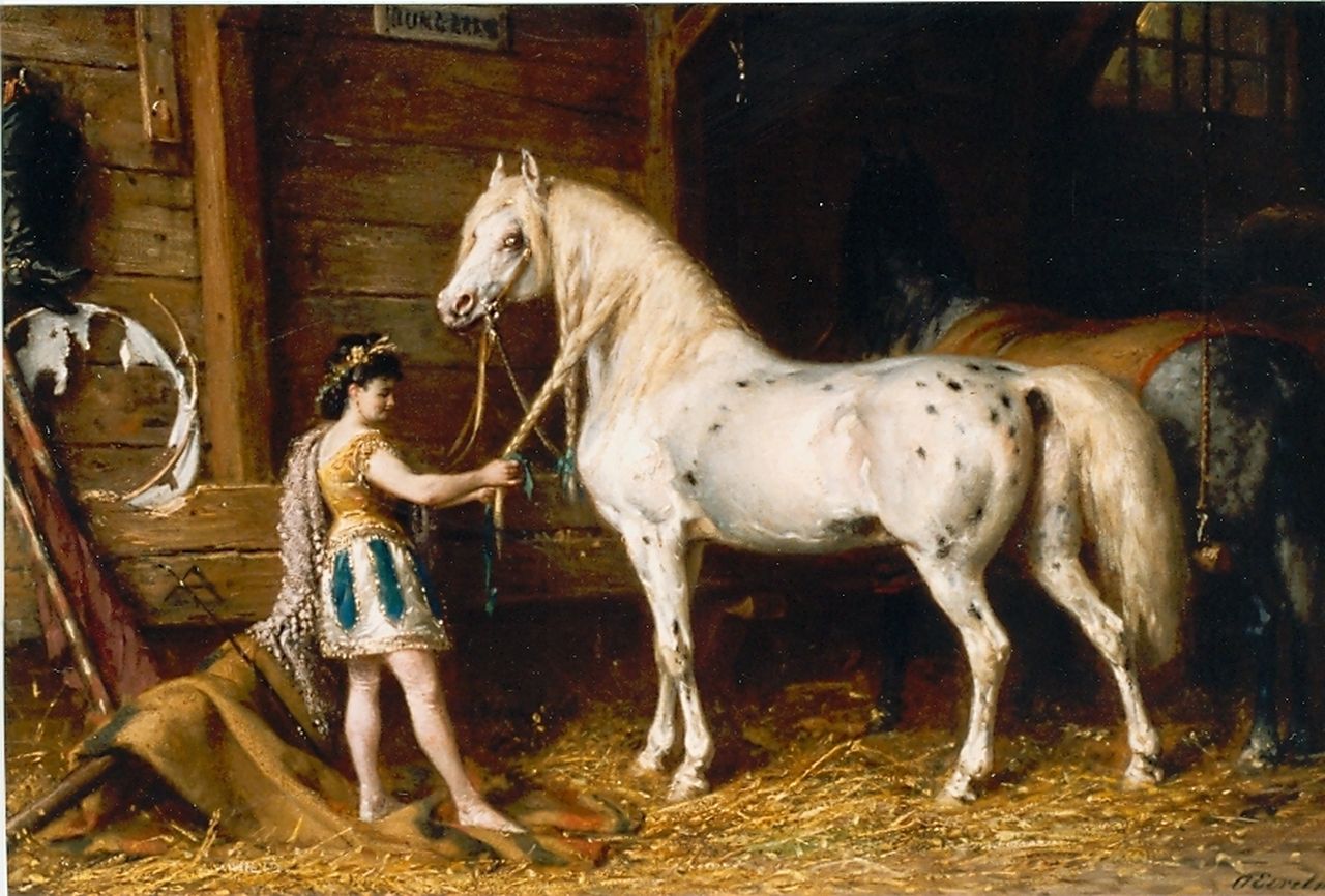 Eerelman O. | Otto Eerelman, Circusmeisje vlecht manen van haar paard, olieverf op paneel 44,0 x 67,0 cm, gesigneerd rechtsonder Eerelman O. | Otto Eerelman, Circusmeisje vlecht manen van haar paard, olieverf op paneel 44,0 x 67,0 cm, gesigneerd rechtsonder
