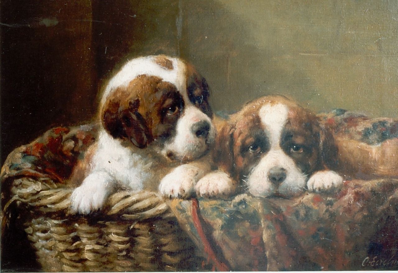 Eerelman O. | Otto Eerelman, Twee St. Bernhard puppies in een mand, olieverf op doek 29,0 x 44,0 cm, gesigneerd rechtsonder Eerelman O. | Otto Eerelman, Twee St. Bernhard puppies in een mand, olieverf op doek 29,0 x 44,0 cm, gesigneerd rechtsonder