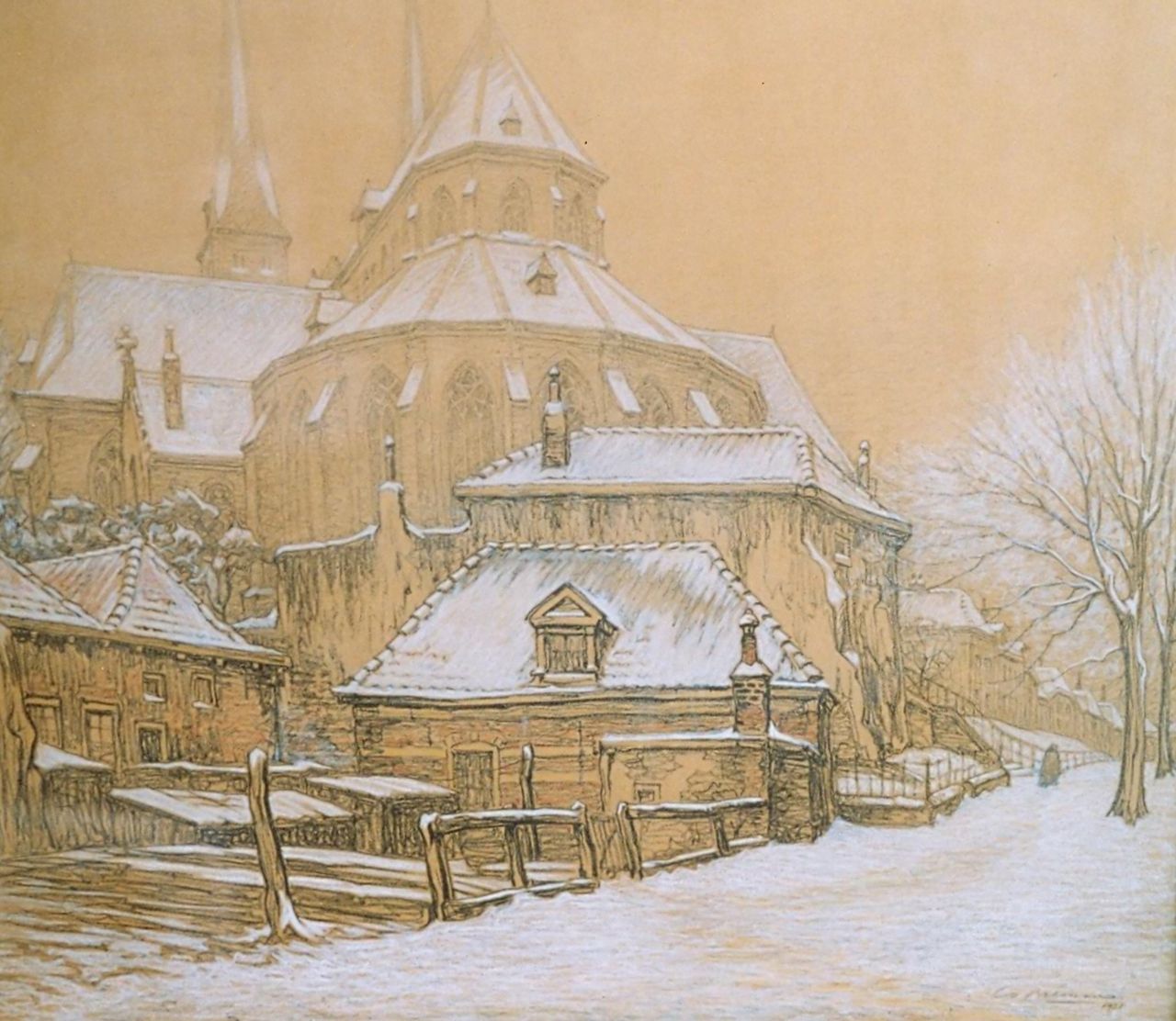 Breman A.J.  | Ahazueros Jacobus 'Co' Breman, De Bergkerk in Deventer, krijt op papier, gesigneerd rechtsonder en gedateerd 1931