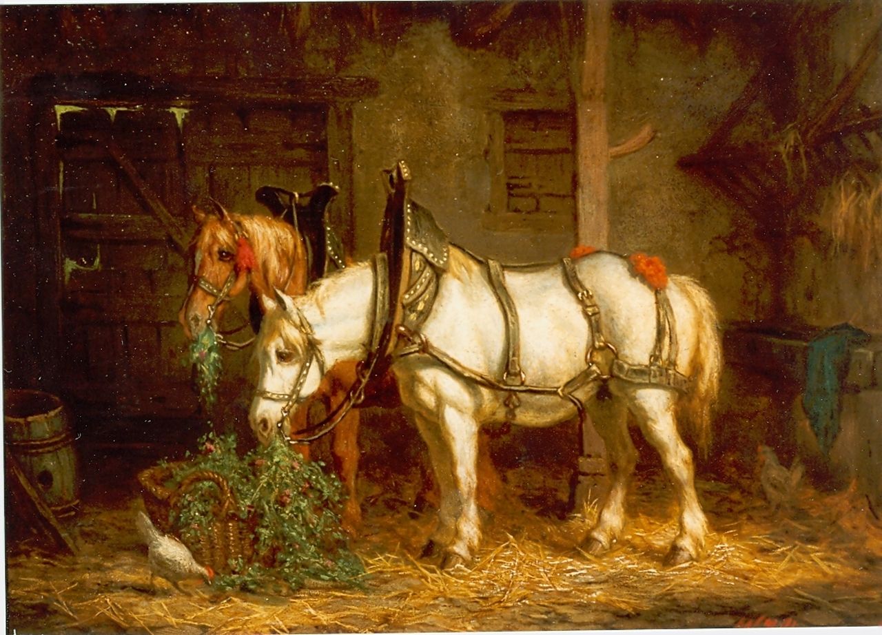 Boogaard W.J. | Willem Johan Boogaard, Tuigpaarden in de stal, olieverf op paneel 19,8 x 26,9 cm, gesigneerd rechtsonder Boogaard W.J. | Willem Johan Boogaard, Tuigpaarden in de stal, olieverf op paneel 19,8 x 26,9 cm, gesigneerd rechtsonder