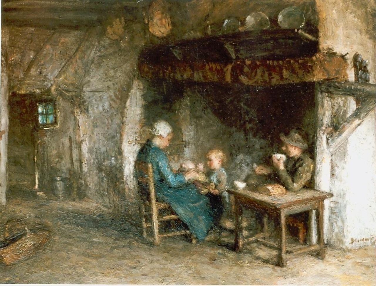 Blommers B.J.  | Bernardus Johannes 'Bernard' Blommers, Boerenfamilie bij de schouw, olieverf op doek 57,5 x 71,4 cm, gesigneerd rechtsonder
