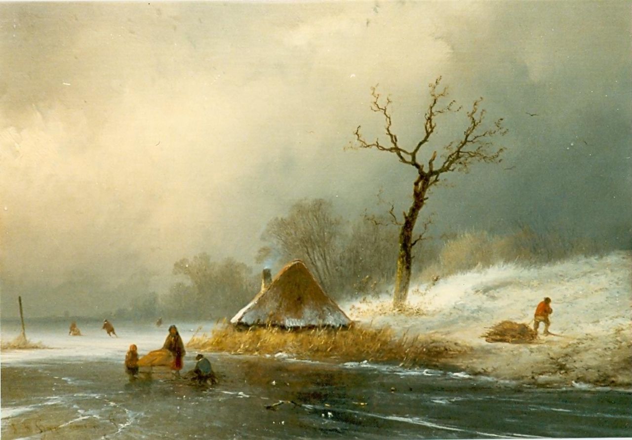 Hoppenbrouwers J.F.  | Johannes Franciscus Hoppenbrouwers, Winterlandschap, olieverf op paneel 24,0 x 34,0 cm, gesigneerd linksonder