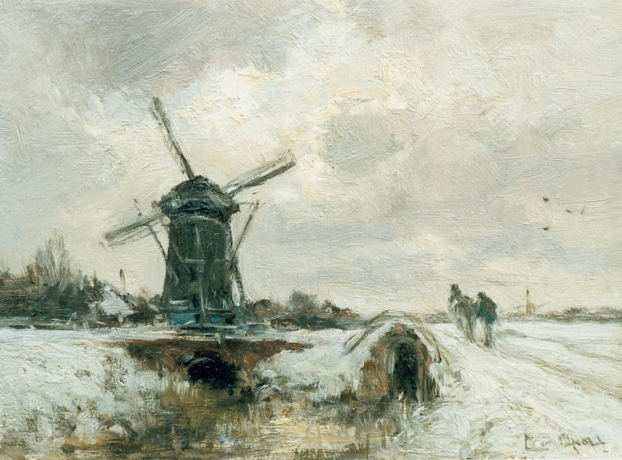 Apol L.F.H.  | Lodewijk Franciscus Hendrik 'Louis' Apol, Winters molenlandschap met boerenpaard, olieverf op paneel 20,0 x 27,0 cm, gesigneerd rechtsonder