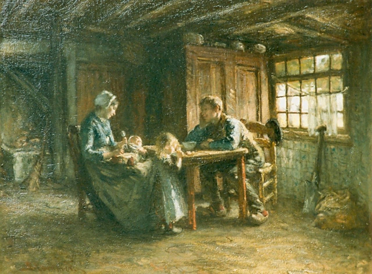 Blommers B.J. | Bernardus Johannes 'Bernard' Blommers, Jong boeren gezin aan tafel, olieverf op doek 56,0 x 73,7 cm, gesigneerd linksonder Blommers B.J. | Bernardus Johannes 'Bernard' Blommers, Jong boeren gezin aan tafel, olieverf op doek 56,0 x 73,7 cm, gesigneerd linksonder