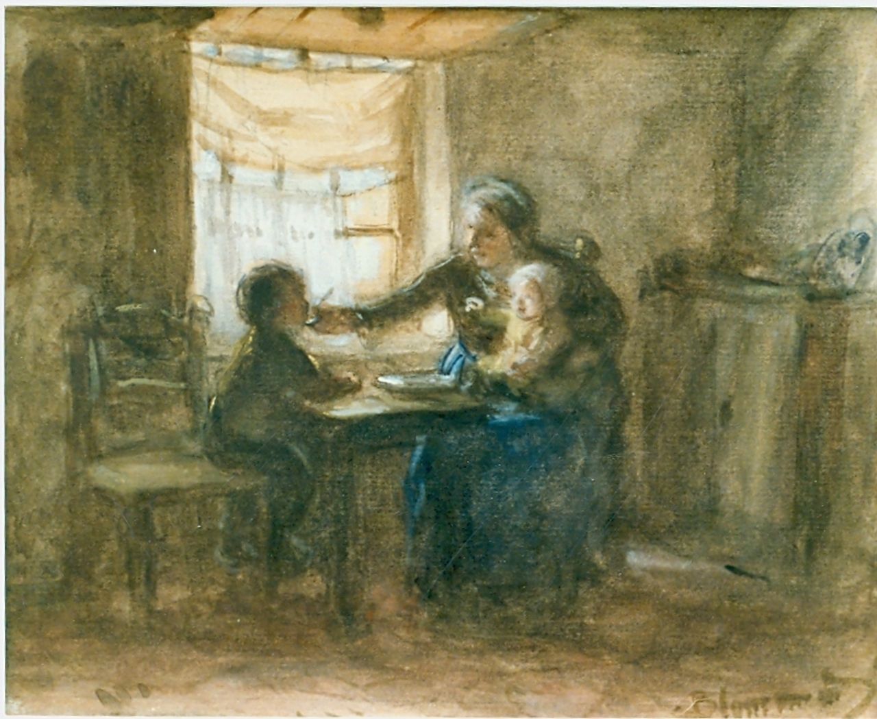 Blommers B.J. | Bernardus Johannes 'Bernard' Blommers, Moeder geeft haar kind te eten, aquarel op papier 16,0 x 20,0 cm, gesigneerd rechtsonder Blommers B.J. | Bernardus Johannes 'Bernard' Blommers, Moeder geeft haar kind te eten, aquarel op papier 16,0 x 20,0 cm, gesigneerd rechtsonder
