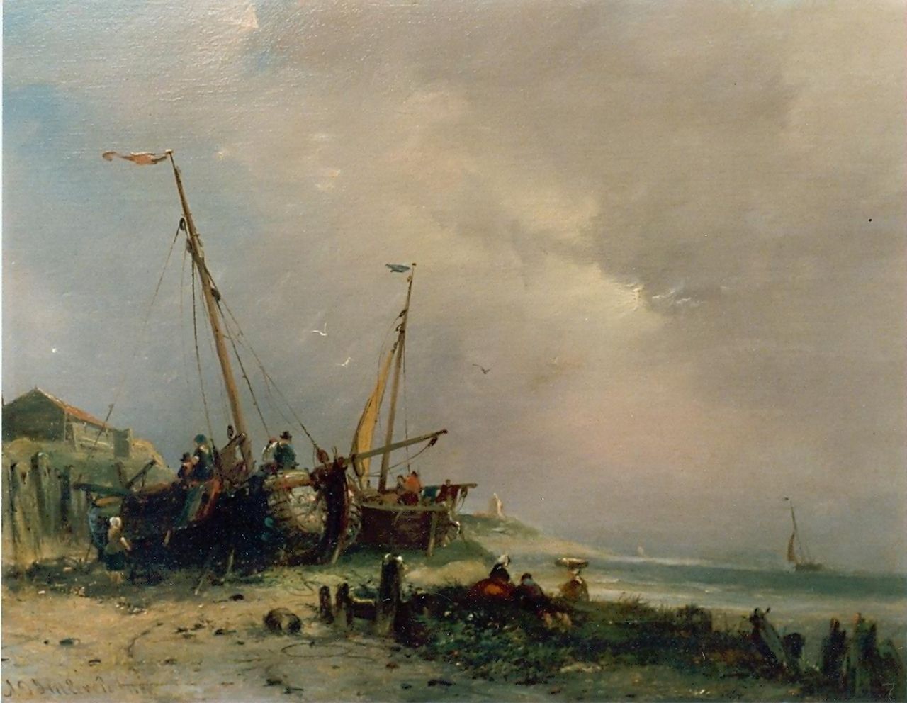 Hilleveld A.D.  | Adrianus David Hilleveld, Vissers en bommen op het strand, olieverf op paneel 25,0 x 32,0 cm, gesigneerd linksonder en gedateerd 1881