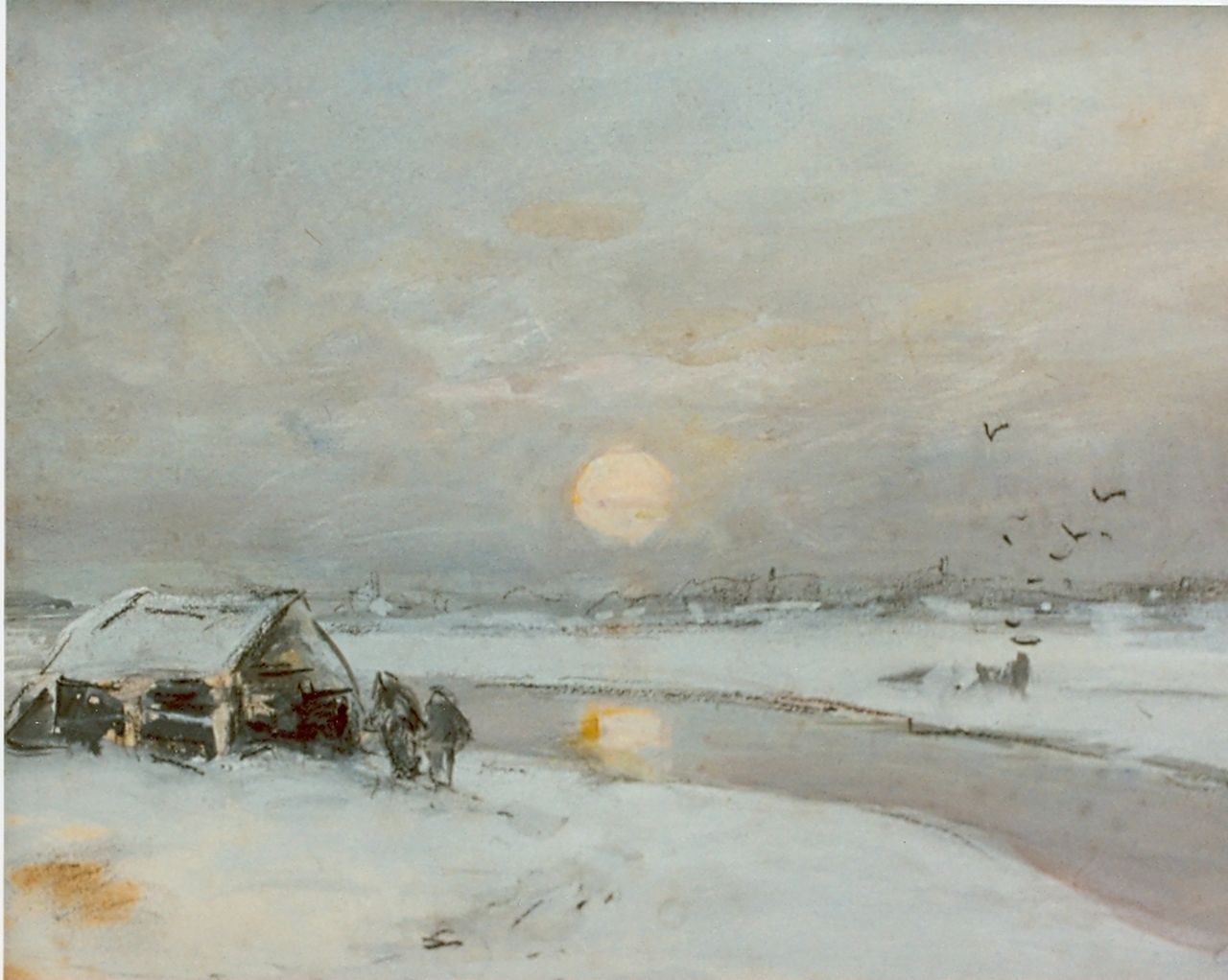 Apol L.F.H.  | Lodewijk Franciscus Hendrik 'Louis' Apol, Bevroren vaart bij zonsondergang, aquarel op papier 16,5 x 21,0 cm, gesigneerd linksonder