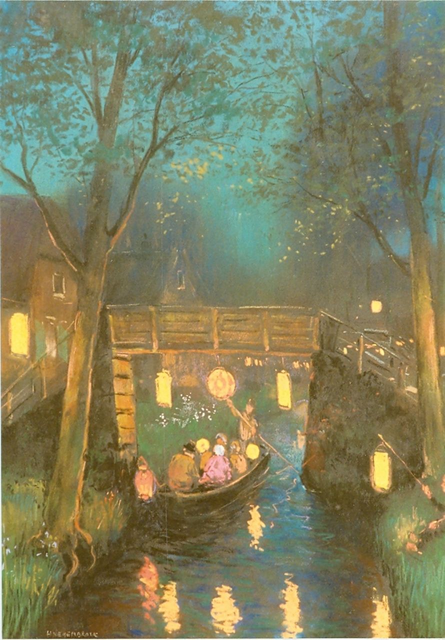Heijenbrock J.C.H. | Johan Coenraad Hermann 'Herman' Heijenbrock, Lampionnentocht in Giethoorn, pastel op doek 62,0 x 46,0 cm, gesigneerd linksonder Heijenbrock J.C.H. | Johan Coenraad Hermann 'Herman' Heijenbrock, Lampionnentocht in Giethoorn, pastel op doek 62,0 x 46,0 cm, gesigneerd linksonder