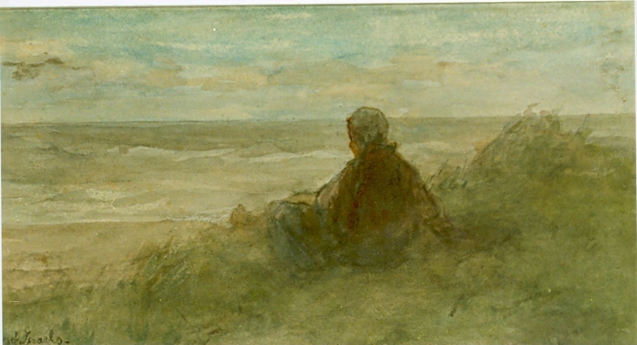 Israëls J. | Jozef Israëls, Meisje op duintop, uitkijkend over de zee, aquarel op papier 17,0 x 31,0 cm, gesigneerd linksonder Israëls J. | Jozef Israëls, Meisje op duintop, uitkijkend over de zee, aquarel op papier 17,0 x 31,0 cm, gesigneerd linksonder