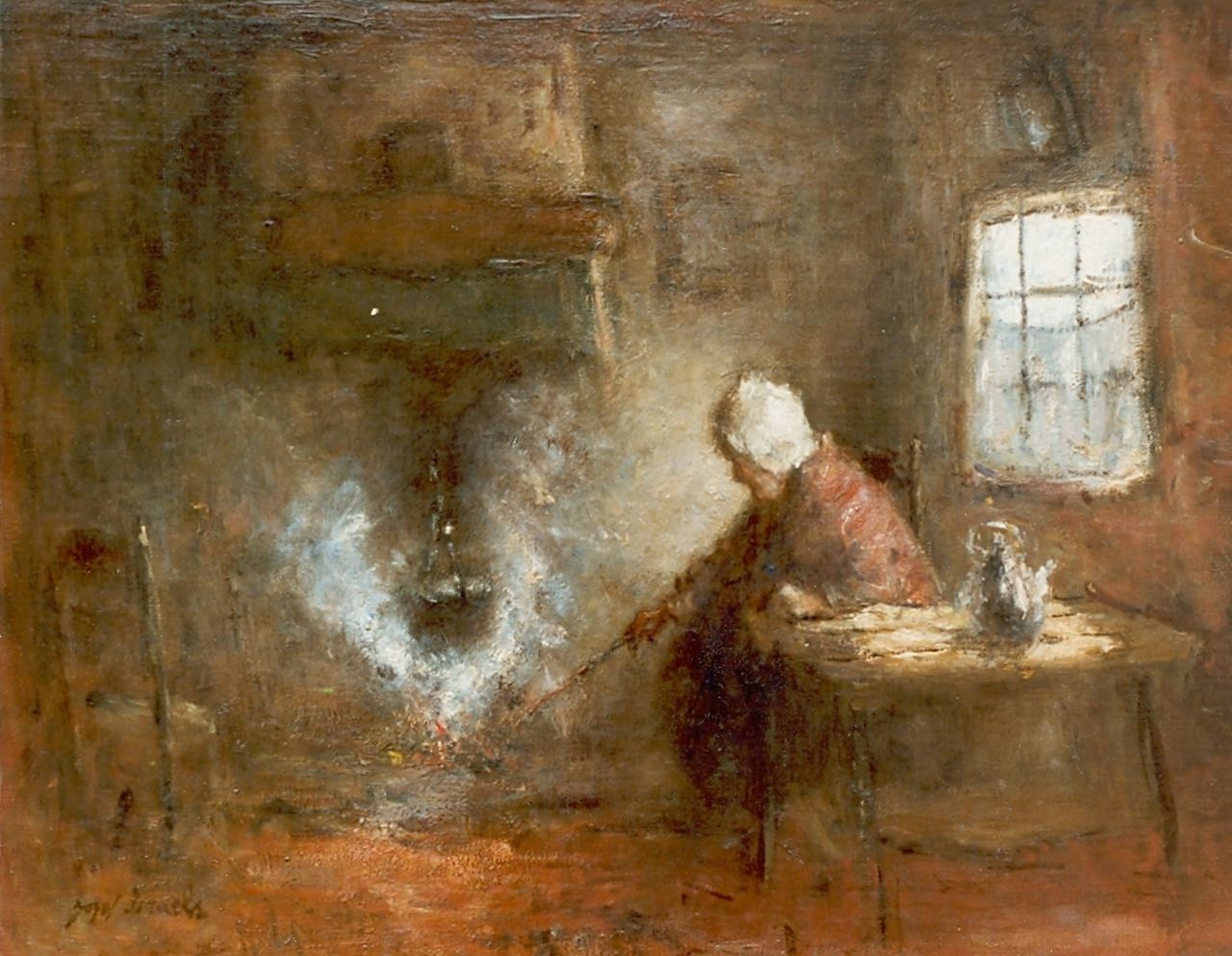 Israëls J. | Jozef Israëls, Interieur met oude vrouw bij kookpot, olieverf op doek 43,0 x 53,0 cm, gesigneerd linksonder Israëls J. | Jozef Israëls, Interieur met oude vrouw bij kookpot, olieverf op doek 43,0 x 53,0 cm, gesigneerd linksonder