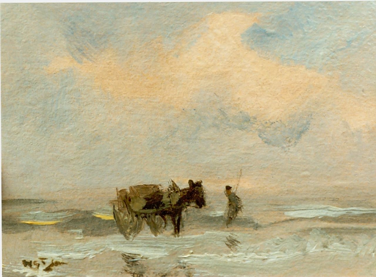 Jansen W.G.F. | 'Willem' George Frederik Jansen, Schelpenvisser in de branding, olieverf op karton 91,0 x 120,0 cm, gesigneerd linksonder Jansen W.G.F. | 'Willem' George Frederik Jansen, Schelpenvisser in de branding, olieverf op karton 91,0 x 120,0 cm, gesigneerd linksonder