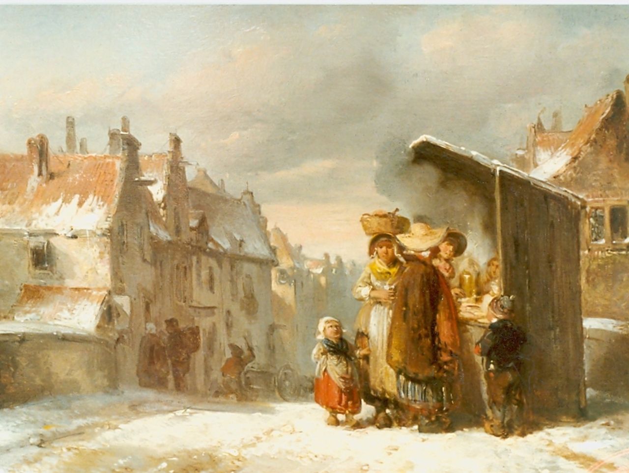 Kate H.F.C. ten | 'Herman' Frederik Carel ten Kate, Bij de eetkraam in winters straatje, olieverf op paneel 19,5 x 26,3 cm, gesigneerd linksonder