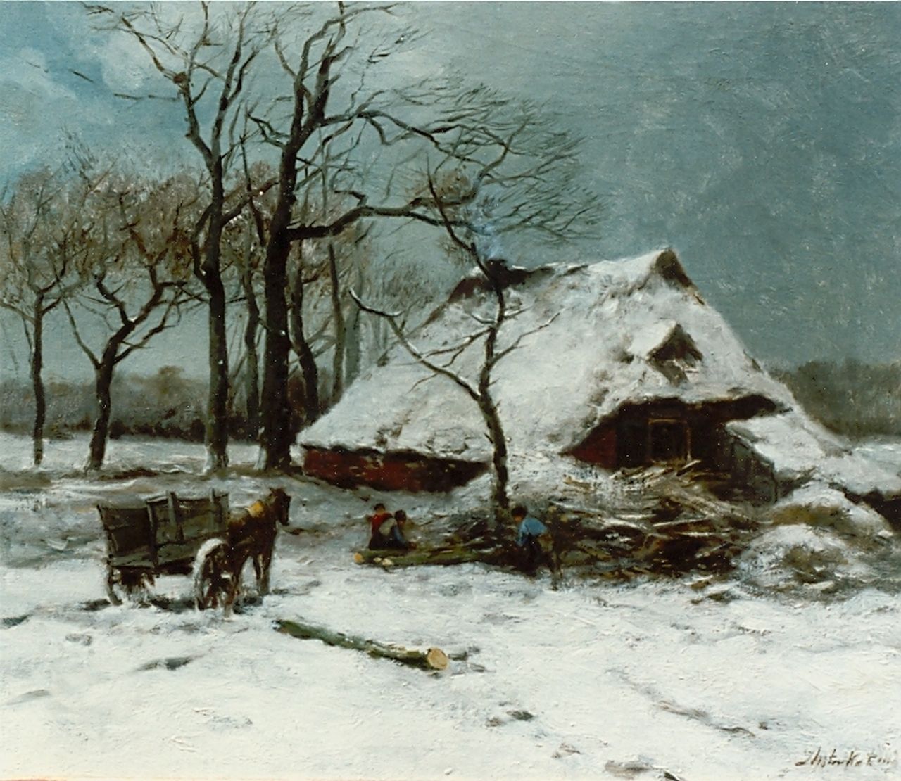 Kate J.M. ten | Johannes Marius ten Kate, Sprokkelaars bij besneeuwde boerderij, olieverf op doek 40,3 x 47,3 cm, gesigneerd rechtsonder Kate J.M. ten | Johannes Marius ten Kate, Sprokkelaars bij besneeuwde boerderij, olieverf op doek 40,3 x 47,3 cm, gesigneerd rechtsonder