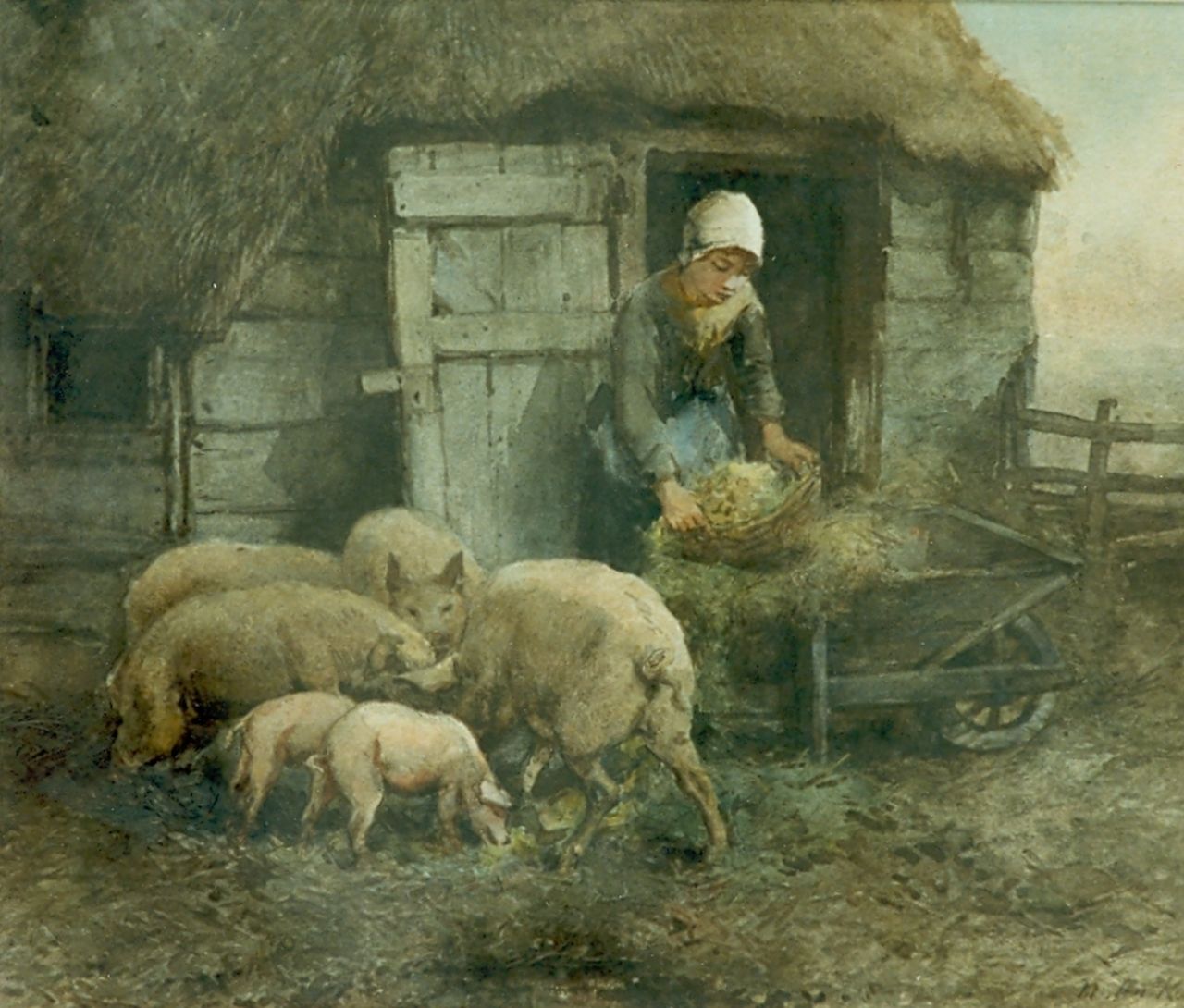 Kate J.M. ten | Johannes Marius ten Kate, Boerendochter voedt de varkens, aquarel op papier 31,6 x 38,9 cm, gesigneerd rechtsonder Kate J.M. ten | Johannes Marius ten Kate, Boerendochter voedt de varkens, aquarel op papier 31,6 x 38,9 cm, gesigneerd rechtsonder