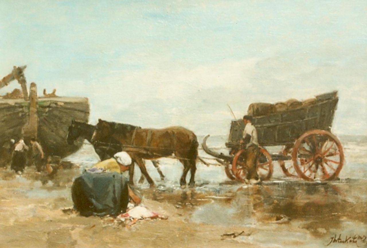 Kate J.M. ten | Johannes Marius ten Kate, Het uitladen van de visvangst, olieverf op paneel 18,1 x 26,7 cm, gesigneerd rechtsonder