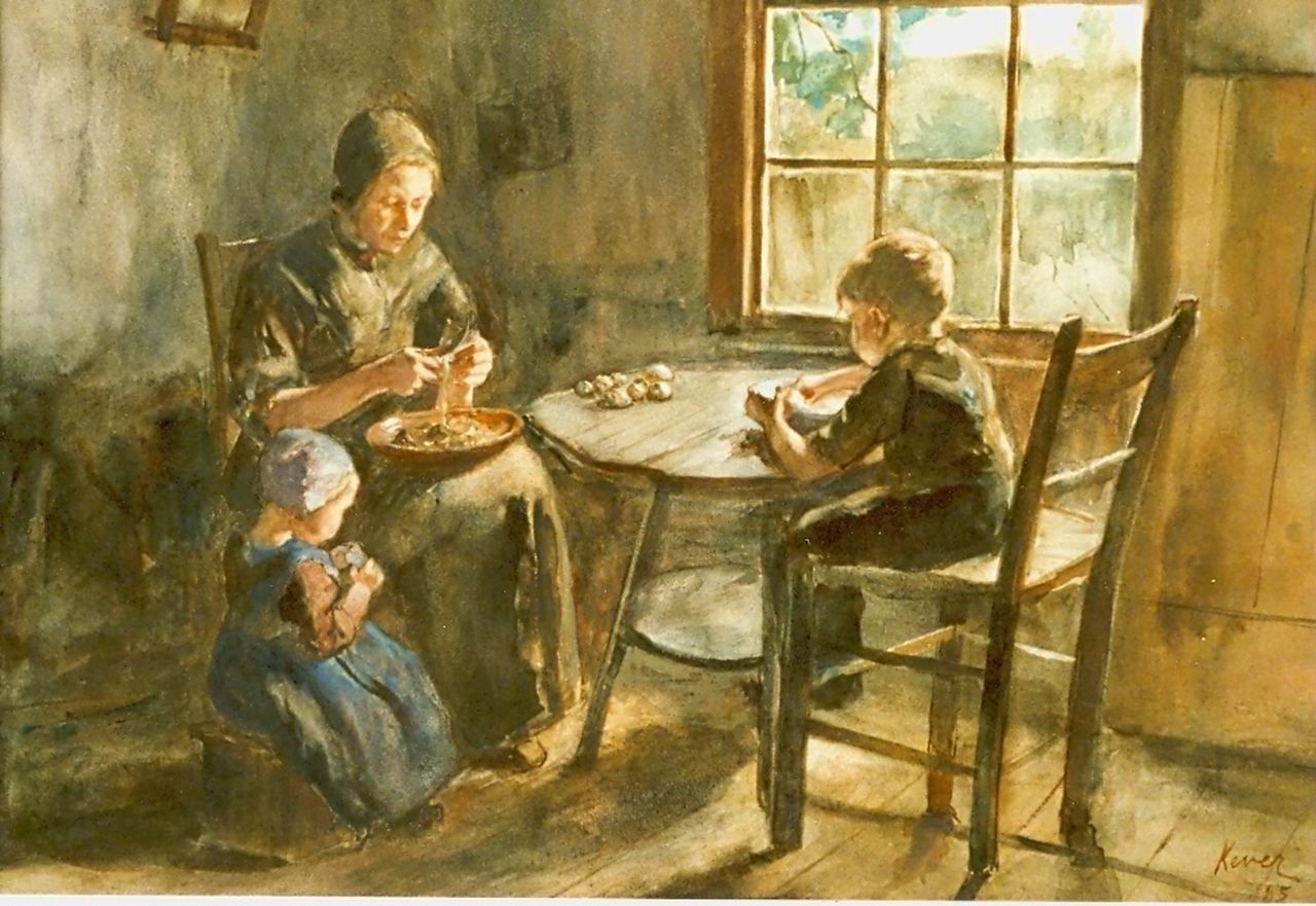 Kever J.S.H.  | Jacob Simon Hendrik 'Hein' Kever, Moeder helpen met aardappels schillen, aquarel op papier 40,7 x 50,5 cm, gesigneerd rechtsonder en gedateerd '85