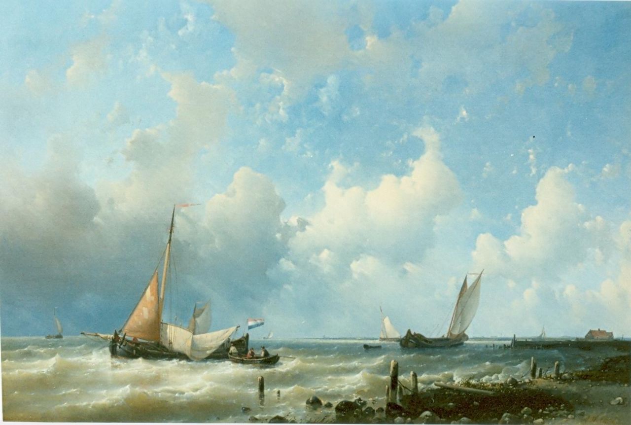 Hulk A. | Abraham Hulk, Zeilschepen voor de Hollandse kust, olieverf op doek 62,0 x 91,0 cm, gesigneerd rechtsonder Hulk A. | Abraham Hulk, Zeilschepen voor de Hollandse kust, olieverf op doek 62,0 x 91,0 cm, gesigneerd rechtsonder