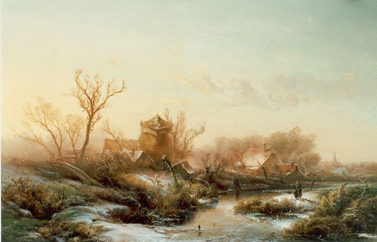 Kluyver P.L.F. | 'Pieter' Lodewijk Francisco Kluyver, Winters dorpje met bevroren gracht, olieverf op paneel 27,2 x 43,3 cm, gesigneerd linksonder Kluyver P.L.F. | 'Pieter' Lodewijk Francisco Kluyver, Winters dorpje met bevroren gracht, olieverf op paneel 27,2 x 43,3 cm, gesigneerd linksonder