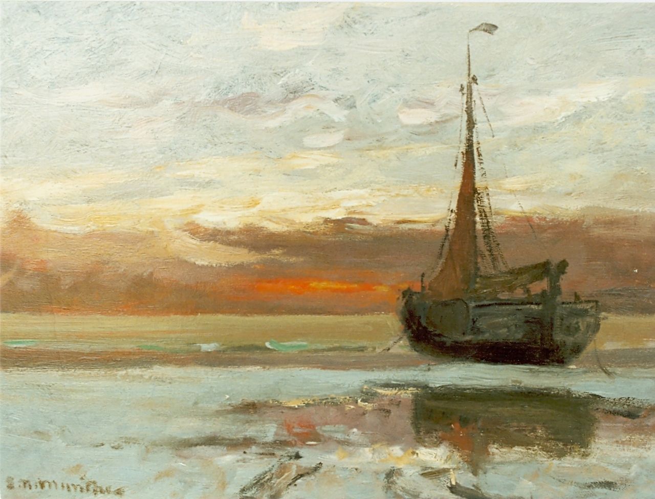 Munthe G.A.L. | Gerhard Arij Ludwig 'Morgenstjerne' Munthe, Bomschuit op het strand bij ondergaande zon, olieverf op doek 31,0 x 40,3 cm, gesigneerd linksonder Munthe G.A.L. | Gerhard Arij Ludwig 'Morgenstjerne' Munthe, Bomschuit op het strand bij ondergaande zon, olieverf op doek 31,0 x 40,3 cm, gesigneerd linksonder