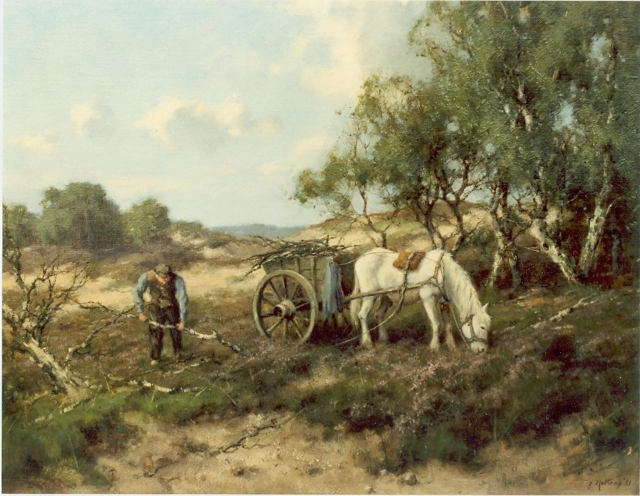 Holtrup J. | Jan Holtrup, Houtsprokkelaar met paard en wagen op de hei, olieverf op doek 40,0 x 50,0 cm, gesigneerd rechtsonder en gedateerd '51 Holtrup J. | Jan Holtrup, Houtsprokkelaar met paard en wagen op de hei, olieverf op doek 40,0 x 50,0 cm, gesigneerd rechtsonder en gedateerd '51