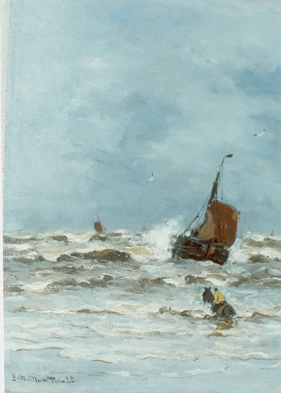 Munthe G.A.L. | Gerhard Arij Ludwig 'Morgenstjerne' Munthe, Lijnhaalder op weg naar botter KW9, olieverf op paneel 34,5 x 26,2 cm, gesigneerd linksonder en gedateerd '25 Munthe G.A.L. | Gerhard Arij Ludwig 'Morgenstjerne' Munthe, Lijnhaalder op weg naar botter KW9, olieverf op paneel 34,5 x 26,2 cm, gesigneerd linksonder en gedateerd '25
