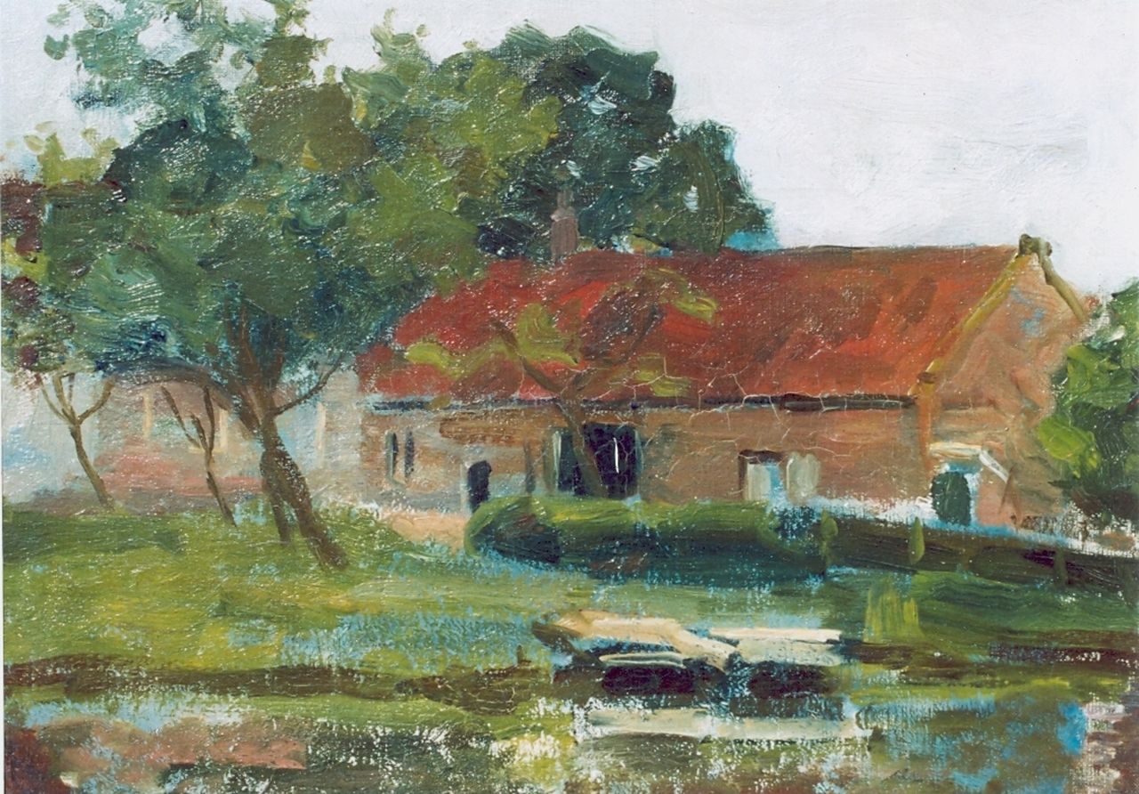 Mondriaan P.C. | Pieter Cornelis 'Piet' Mondriaan, Boerderij aan het water i.o., olieverf op doek op schildersboard 35,5 x 46,0 cm, gesigneerd linksonder en 1903-1904 Mondriaan P.C. | Pieter Cornelis 'Piet' Mondriaan, Boerderij aan het water i.o., olieverf op doek op schildersboard 35,5 x 46,0 cm, gesigneerd linksonder en 1903-1904