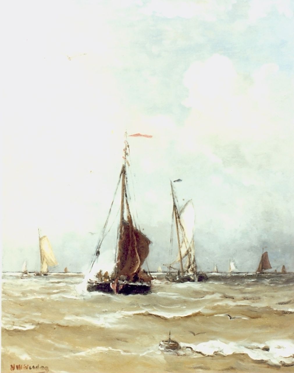 Mesdag H.W. | Hendrik Willem Mesdag, Visserschuiten op zonnige zee, olieverf op doek 50,0 x 40,0 cm, gesigneerd linksonder Mesdag H.W. | Hendrik Willem Mesdag, Visserschuiten op zonnige zee, olieverf op doek 50,0 x 40,0 cm, gesigneerd linksonder