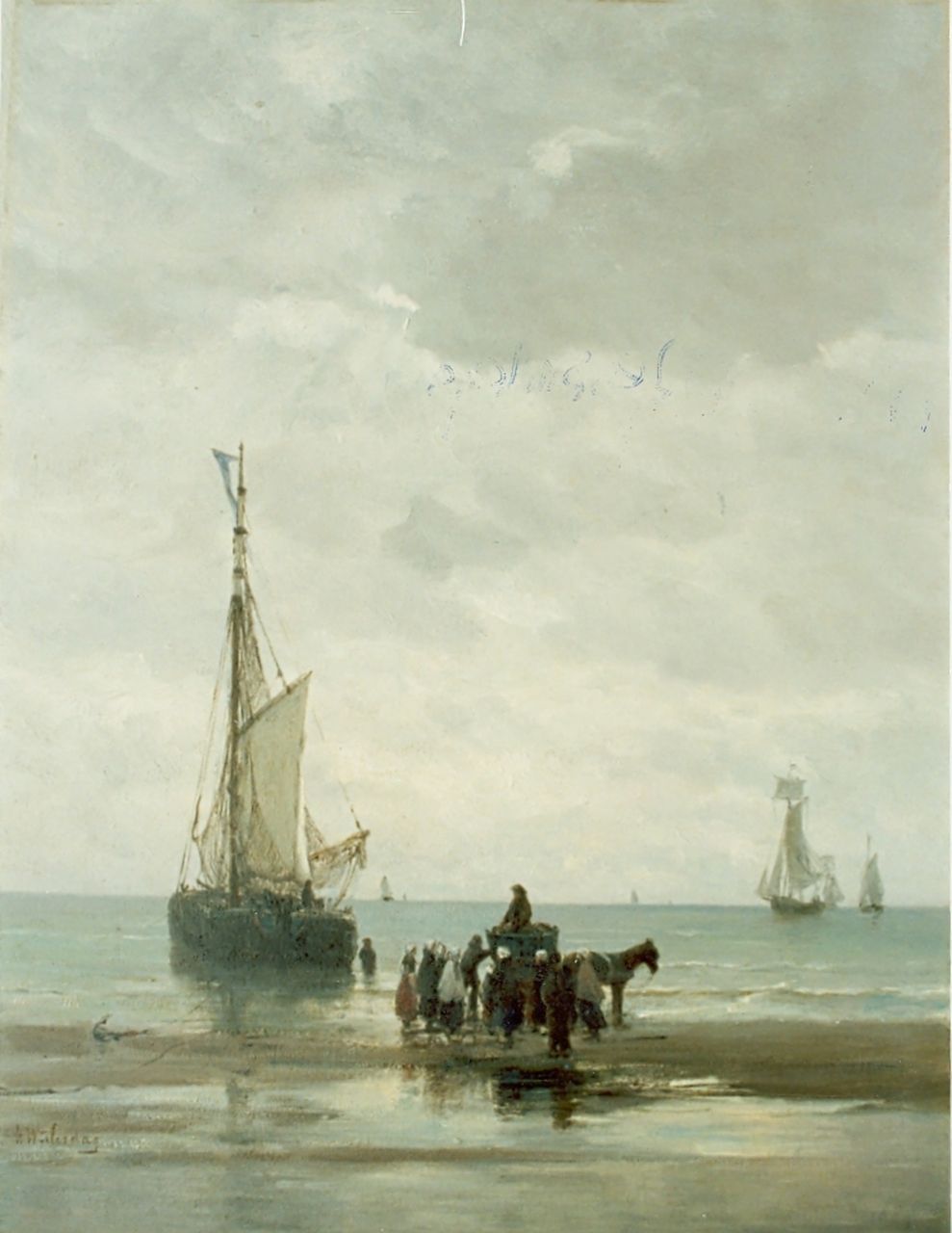 Mesdag H.W. | Hendrik Willem Mesdag, Bomschuit voor anker met figuren op het strand, olieverf op paneel 53,5 x 40,6 cm, gesigneerd linksonder Mesdag H.W. | Hendrik Willem Mesdag, Bomschuit voor anker met figuren op het strand, olieverf op paneel 53,5 x 40,6 cm, gesigneerd linksonder