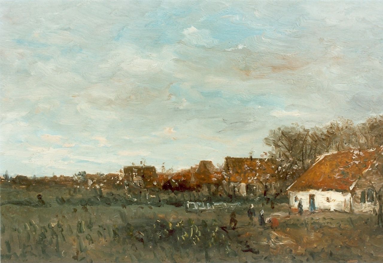 Mesdag H.W. | Hendrik Willem Mesdag, Figuren in moestuin bij boerderij, olieverf op doek op paneel 22,0 x 36,0 cm Mesdag H.W. | Hendrik Willem Mesdag, Figuren in moestuin bij boerderij, olieverf op doek op paneel 22,0 x 36,0 cm